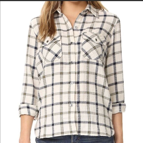 CURRENT/ELLIOTT | Plaid Button Front Shirt Cream Long Sleeve Women’s Size Small - Picture 1 of 11